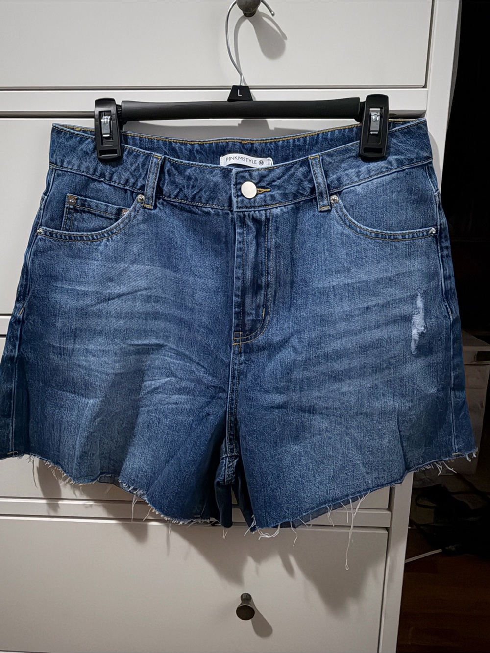 High-Rise Frayed Hem Blue Denim Shorts